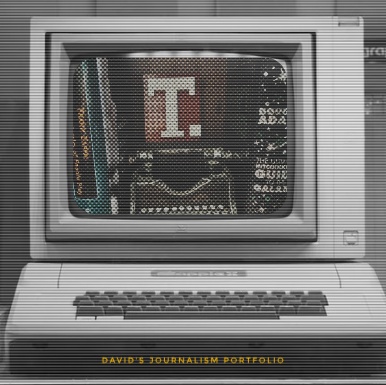 A bookshelf with a typewriter and a Lego T logo