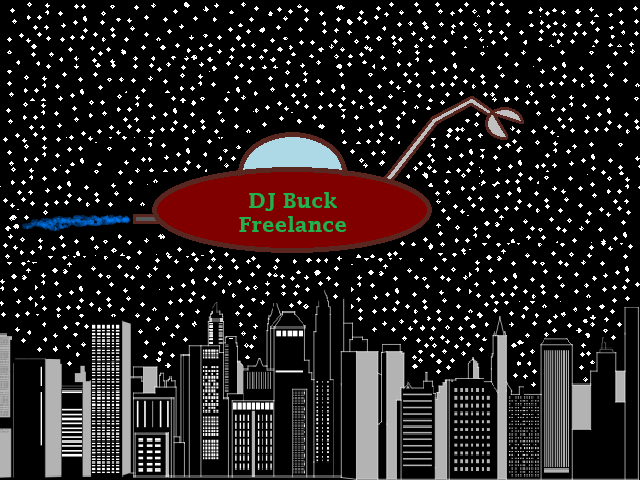 A maroon UFO flies above a clip art city on a starry night created by me